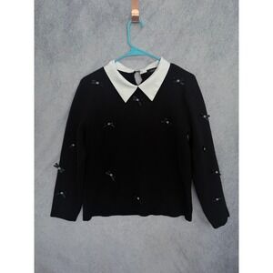 Calligraphie Black Bow Sweater White Collar Coquette Peter Pan Neck Large